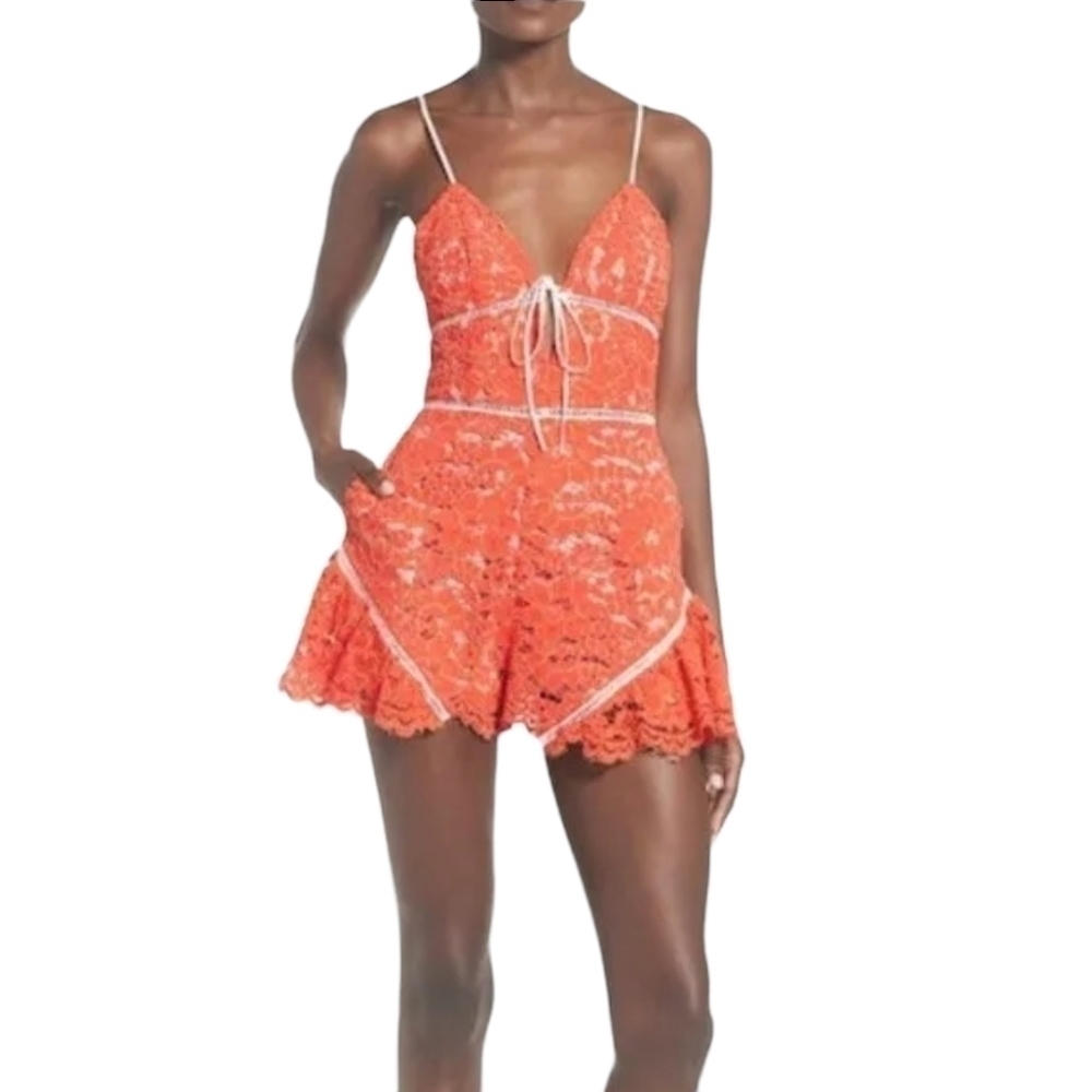 NBD Revolve coral orange lace shorts romper